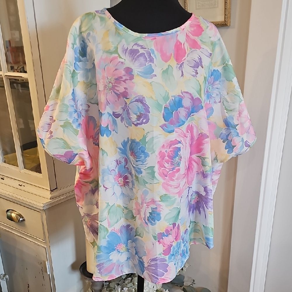 CALIFORNIA CONNECTION Vtg Satin Floral Cottagecore Blouse Sz 24 Whimsical Fairy